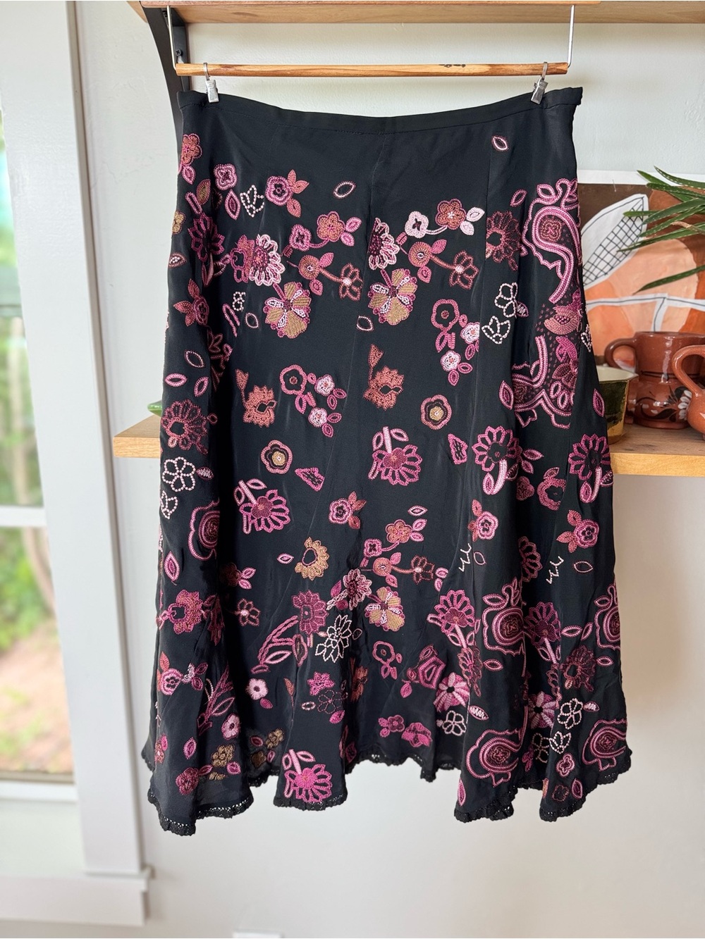 Vintage 90’s Seasons Black Silk Midi Skirt with Pink Floral Embroidery Sz 6